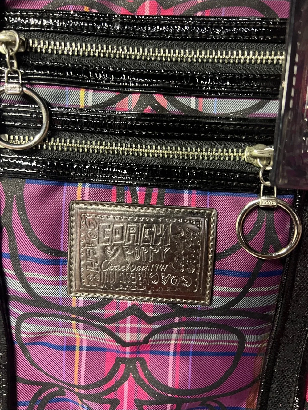 Coach Pink and Purple Signature Plaid Tote with Black Trim